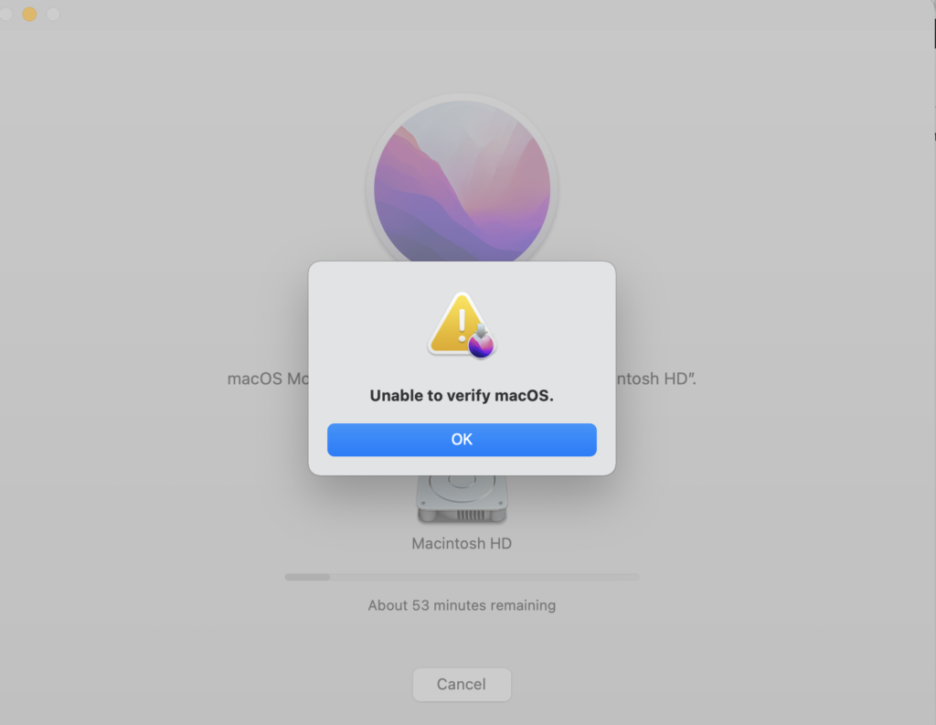 Exempel på felmeddelande när man ska installera Mac OS och den säger att installationen inte kan verifieras